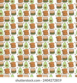 Seamless cute pattern , cute food characters ,burger ,avocado, bee and toast