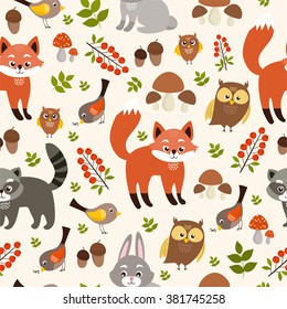 seamless cute pattern. forest animals. fox, raccoon, rabbit, bird, owl.