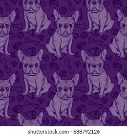 Seamless cute pattern with French bulldog. Home dog. Perfect for textiles or paper design.