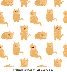 Seamless cute pattern with ginger cats. Kids pattern isolated on changeable white background for print wrapper paper, fabric. Flat style cats ornament in square format. Nice animals character.