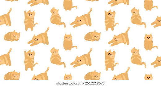 Patrón lindo sin fisuras con gatos de jengibre. Patrón de los niños aislado en el fondo blanco cambiable para el papel de envoltura de la impresión, tela. Ornamento de gatos de estilo plano en formato Horizontal. Bonito personaje de animales.