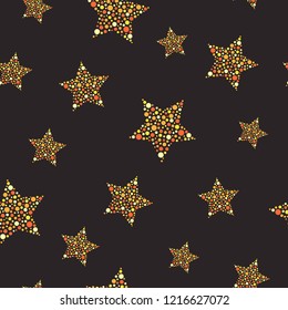 Seamless cute pattern with gold stars made of dots and circles on black background. Vector illustration. Magic fireworks. glittering sky. Bright Stardust background. Constellation. 
