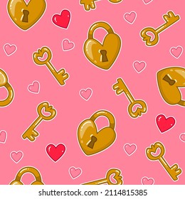 Seamless cute pattern with golden keys and heart shaped locks on a pink background. Vector cartoon for children's clothing, packaging, postcards. Valentine's Day, wedding and other holidays