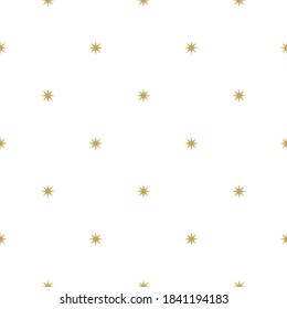 Seamless cute pattern with golden stars or sparkles on white background. Vector illustration. Magic fireworks. Bright Stardust background. Constellation. 