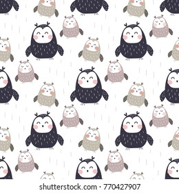 Seamless cute pattern of graphic pastel owl in scandinavian style. Vector illustration of owl bird pattern for fabric, textile, wallpaper, paper, wrapping or card. Doodle element for nursery design.