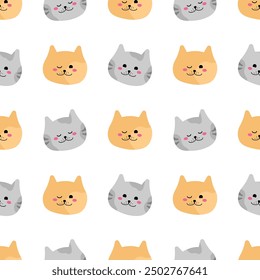 Seamless cute pattern with gray and ginger cats heads. Kids pattern isolated on changeable white background for printing on wrapper paper, fabric. Flat style ornament in square format. Nice animals.