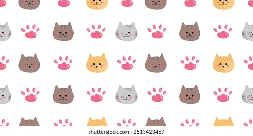 Seamless cute pattern with gray, ginger, brown cats heads. Kids pattern isolated on changeable white background for printing wrapper paper, fabric. Ornament in horizontal format. Nice animals.