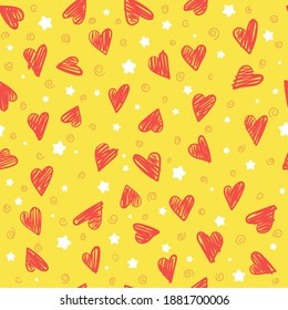 Patrón lindo e impecable con la mano dibujando corazones y estrellas. Fondo de color de tendencia de vacaciones vectoriales. Concepto de San Valentín. 