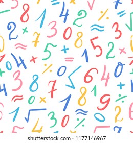 Seamless cute pattern of hand written colorful numbers and symbols on white background. Calligraphic mathematics pattern. Vector illustration