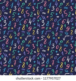 Seamless cute pattern of hand written colorful numbers and symbols on dark blue background. Calligraphic mathematics pattern. Vector illustration