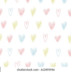 Seamless cute pattern with handdrawn hearts. Vector abstract background.