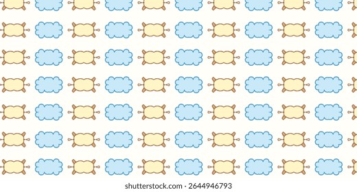 Seamless cute pattern with hand-drawn pillows and clouds in pastel colors. Perfect for kids’ designs, textiles, and sleep-themed backgrounds. Pattern, seamless, pastel, sleep, clouds.