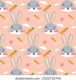 seamless cute pattern head of bunny with carrots and clouds