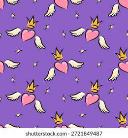 Patrón lindo sin fisuras con corazones, alas y coronas sobre fondo púrpura. Diseño romántico para publicaciones en redes sociales, historias, Fondos de pantalla, Diseño web y fondos digitales.