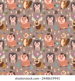 Seamless cute pattern with hedgehog, boar and elk and forest elements - log, flowers, trees, mushrooms, insects. Flat style children's vector