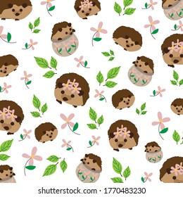 Seamless Cute Pattern with Hedgehog,leaves and flowers.