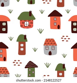 Seamless cute pattern with houses. Children's vector background for paper, fabric, decor elements.