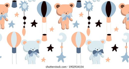 Seamless cute pattern for kids. Bears, balloons, clouds and stars. Festive cartoon world. Scandinavian style for fabric, wallpaper, clothes, diapers, clothes, diary, sticker