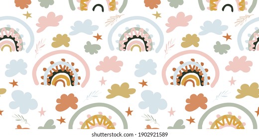 
Seamless cute pattern for kids, kids. Boho style rainbow, clouds and stars background. Scandinavian style for fabric, wallpaper, clothes, diapers, clothes, diary, sticker
