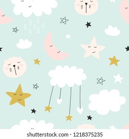 Seamless cute pattern for kids, children. Clouds, moon, stars background. Scandinavian style for fabric, wallpaper, clothes, swaddles, apparel, planner, sticker