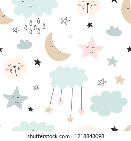 Seamless cute pattern for kids  children  Clouds  moon  stars background  Scandinavian style for fabric  wallpaper  clothes  swaddles  apparel  planner  sticker
