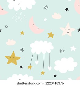Seamless cute pattern for kids, children. Clouds, moon, stars background. Scandinavian style for fabric, wallpaper, clothes, swaddles, apparel, planner, sticker