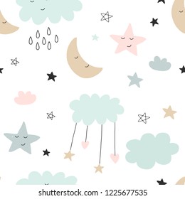 Seamless cute pattern for kids, children. Clouds, moon, stars background. Scandinavian style for fabric, wallpaper, clothes, swaddles, apparel, planner, sticker