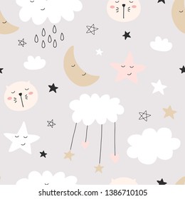 Seamless cute pattern for kids, children. Clouds, moon, stars background. Scandinavian style for fabric, wallpaper, clothes, swaddles, apparel, planner, sticker