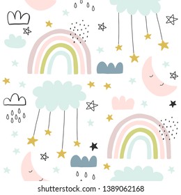 Seamless Cute Pattern For Kids, Children. Rainbow, Clouds, Moon, And Stars Background. Scandinavian Style For Fabric, Wallpaper, Clothes, Swaddles, Apparel, Planner, Sticker