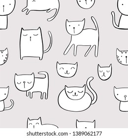 Seamless cute pattern for kids, children. Cats background. Scandinavian style for fabric, wallpaper, clothes, swaddles, apparel, planner, sticker