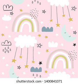 Seamless cute pattern for kids, children. Rainbow, clouds, moon, stars background. Scandinavian style for fabric, wallpaper, clothes, swaddles, apparel, planner, sticker