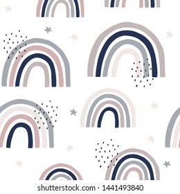 Seamless cute pattern for kids, children. Rainbow, clouds, moon, and stars background. Scandinavian style for fabric, wallpaper, clothes, swaddles, apparel, planner, sticker