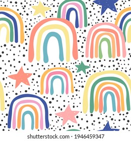 Seamless Cute Pattern For Kids, Children. Rainbow And Stars Background. Scandinavian Style For Fabric, Wallpaper, Clothes, Swaddles, Apparel, Planner, Sticker.