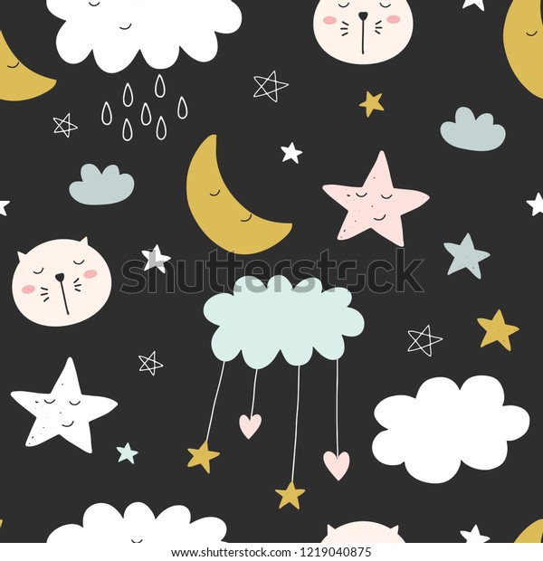 子どもや子どもにとってシームレスなかわいい柄 月 星 の背景に雲 スカンジナビア風の織物 壁紙 衣服 スワドル アパレル プランナー ステッカー のベクター画像素材 ロイヤリティフリー