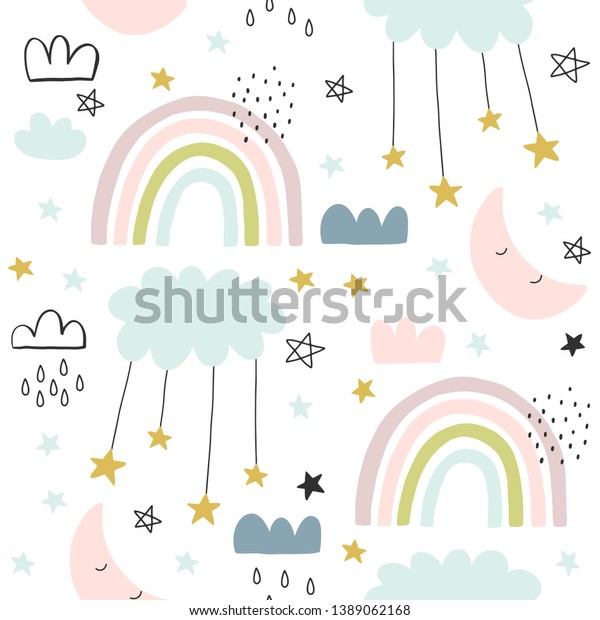 子どもや子どもにとってシームレスなかわいい柄 虹 雲 月 星の背景 スカンジナビア風の織物 壁紙 衣服 スワドル アパレル プランナー ステッカー のベクター画像素材 ロイヤリティフリー
