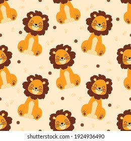 Seamless cute pattern for kids with lion illustration. Flat vector for wallpaper and wrapping paper.