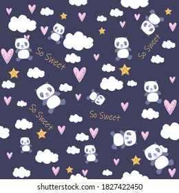Seamless cute pattern with kids pandas and heart. Kawaii style. Pattern for children's fabric or for children's printing