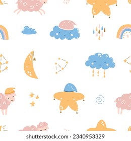 Seamless cute pattern for kids. Rainbow, clouds, moon, stars and funny sheep. Scandinavian style for fabric, wallpaper, clothing, diaper, clothing, planner, sticker