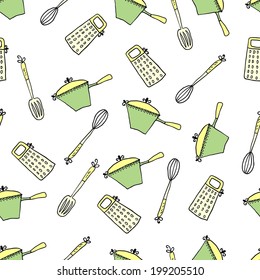 Seamless cute pattern with kitchen items. Vector illustration