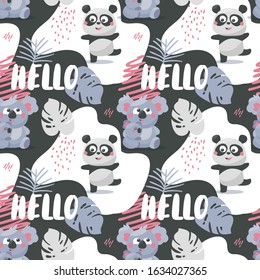 Seamless cute pattern with Koala Bears and Panda, leaves, Australia