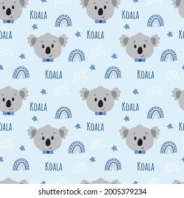 Un lindo patrón sin foco con koala y arcos de lluvia para niños, niños. En colores azules. Es bueno para el estilo de tela, papel pintado, ropa, barandillas, ropa, planner, pegatina.