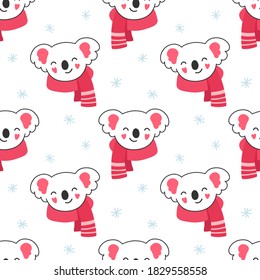 Motivo lindo e incomparable koala en una bufanda, invierno, copos de nieve. Ilustración vectorial para niños.