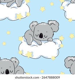 Padrão bonito contínuo de Koala que dorme na nuvem com estrelas no fundo azul Vetor Crianças imprimir