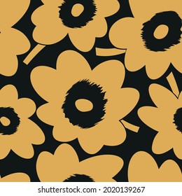 Seamless cute pattern of large yellow flowers on black background.Endless floral ornament with beautiful blossoms.Colourful backdrop for fabric,textile,linen,covers,wrapping,women clothes.Vector