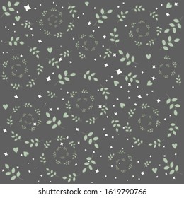 Seamless cute pattern with leaves and small hearts on the dark background. Floral pattern template
