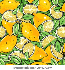 Seamless, cute pattern of lemons. Whole fruit, cut into pieces and with green leaves. Lemons are orange and yellow in cartoon style. Hand-drawn with a black outline. Vector illustration.