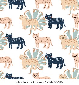 Seamless cute pattern with leopard and palm leafs. Modern wrapping paper summer design. Hand drawn style puma cat in jungle.