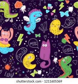 Seamless cute pattern with lines, stars, dots. Cartoon style with animal repeated backdrop for child, textile, clothes, wrapping paper. Funny dino, birds,mermaid drawing in bright neon colors on dark.