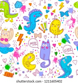 Seamless cute pattern with lines, stars, dots. Cartoon style with animal repeated backdrop for child, textile, clothes, wrapping paper. Funny dino, birds,mermaid drawing in bright neon colors.