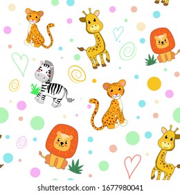 Seamless cute pattern with lion, giraffe, zebra, leopard, flowers, plants and hearts for children and babies in cartoon style on a white background.